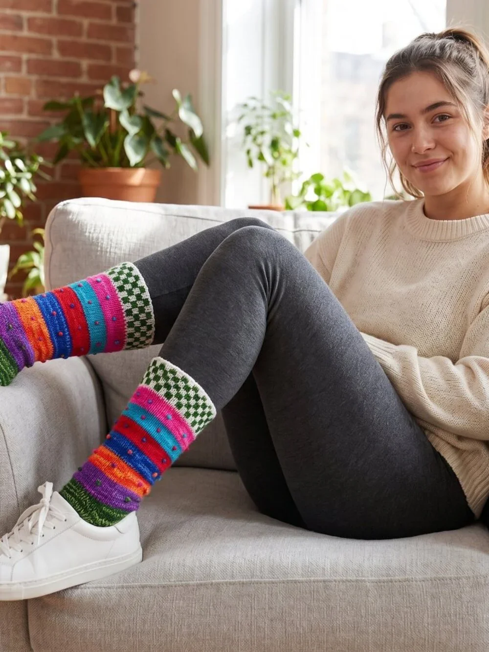 Long Socks Hand-Knitted Multicolor Andean Yarn Warmth for Winter